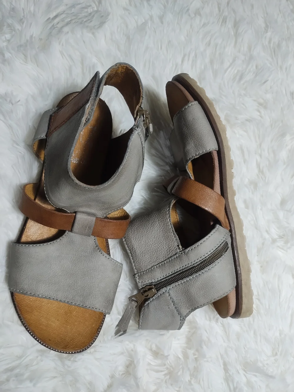 Miz Mooz Gray and Brown Leather Strappy Sandals